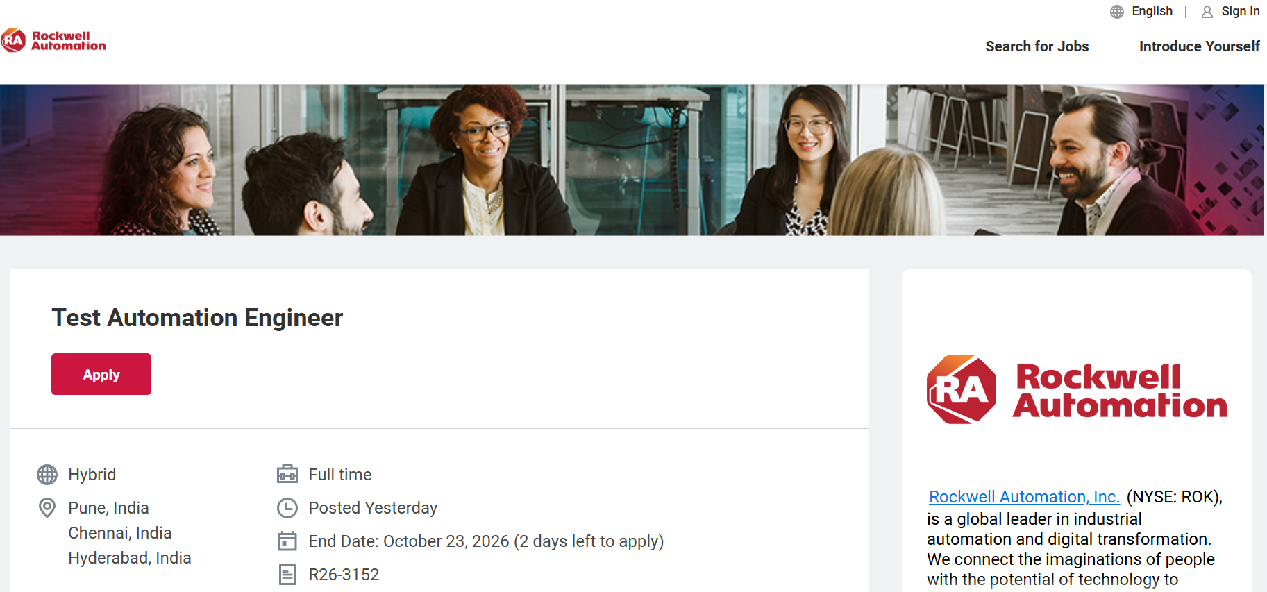 🚀Rockwell Automation Hiring: Test Automation Engineer | Pune, Chennai ...